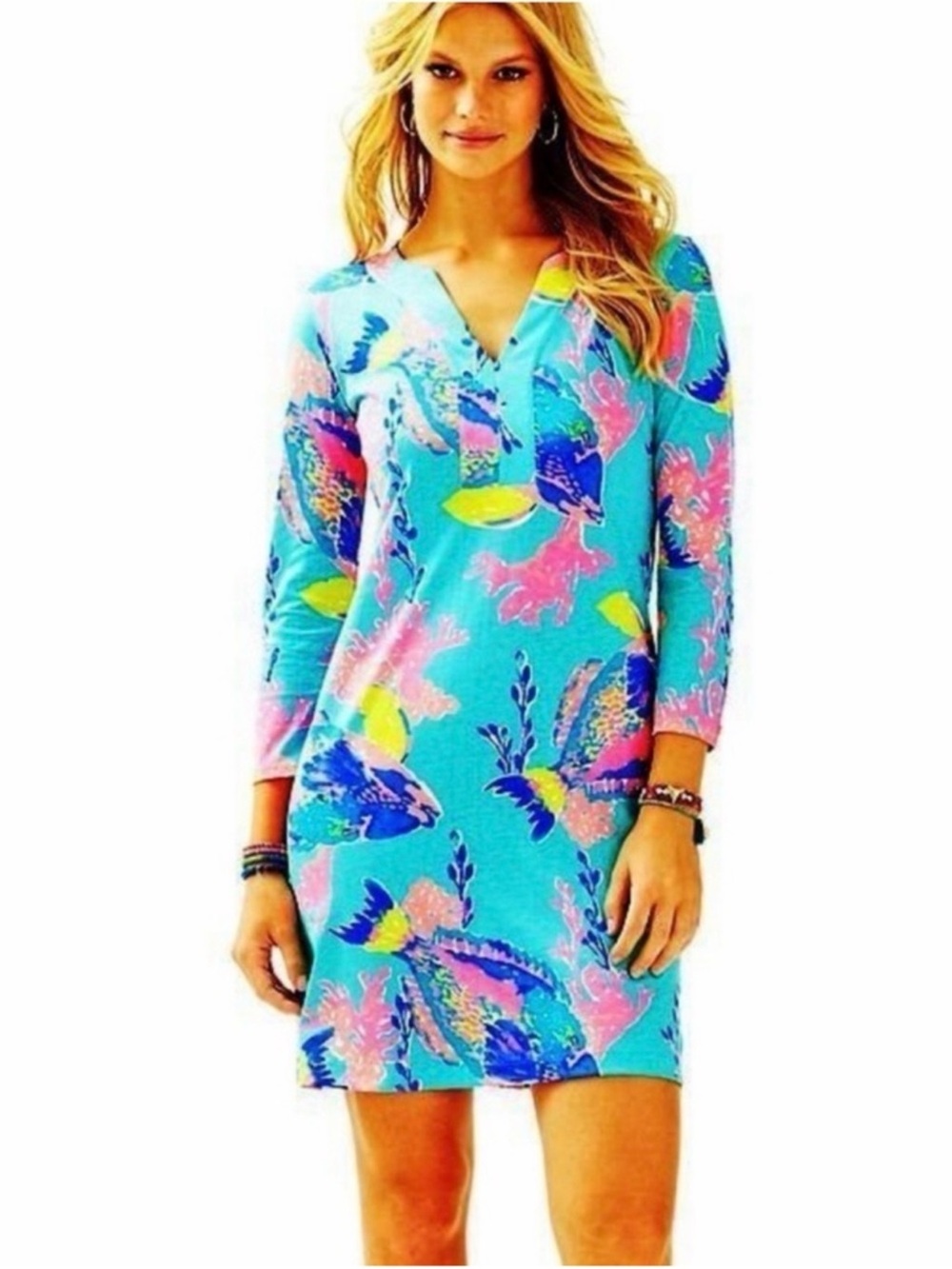 Lilly Pulitzer V-Neck 3/4 Sleeve Riva Shift Dress in Shorely Blue Sandstorm